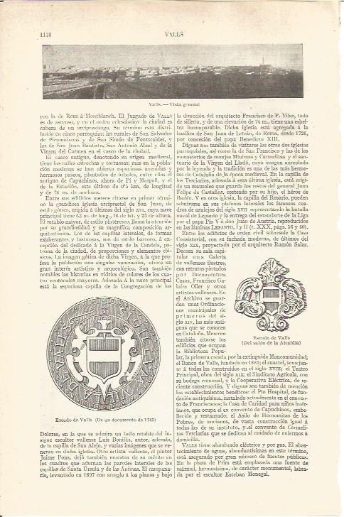 LAMINA V05966: Escudo y vista de Valls, Tarragona