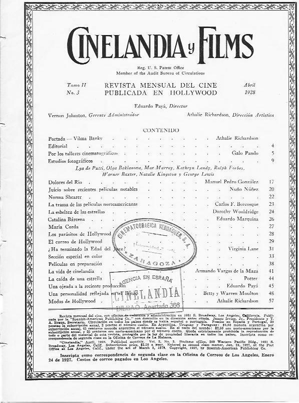 LAMINA 29578: Indice de Cinelandia numero 3 de abril de 1928