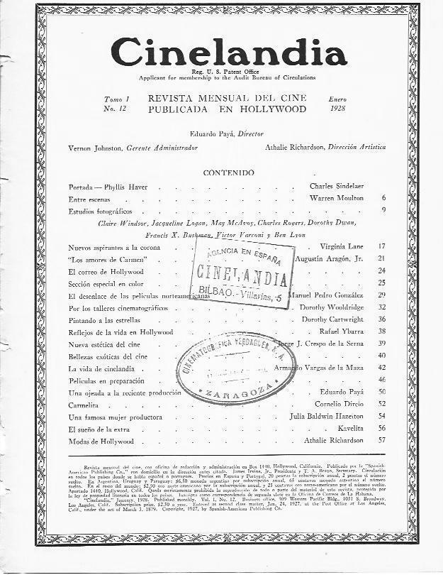 LAMINA 29466: Indice del numero 12 de la revista Cinelandia