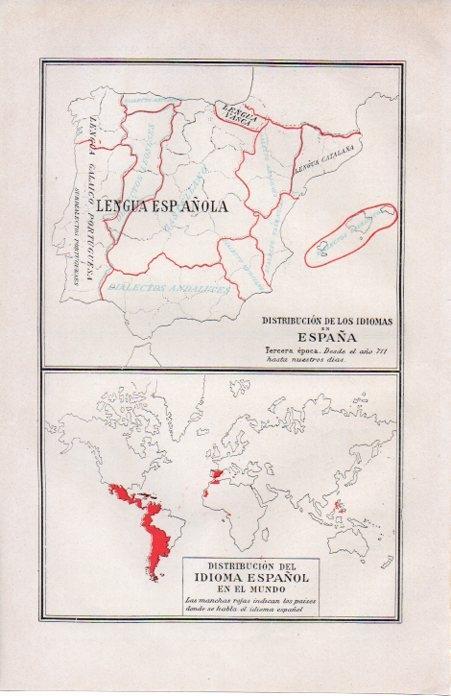 LAMINA V07175: Mapa distribucion de los idiomas en España. Mapa del idioma español en el mundo