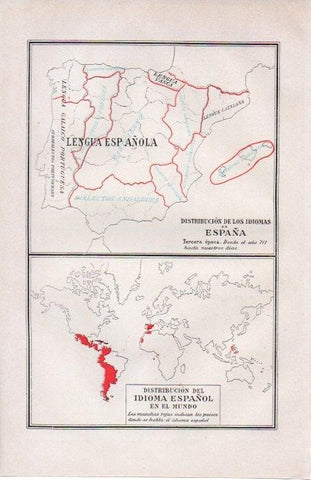 LAMINA V07175: Mapa distribucion de los idiomas en España. Mapa del idioma español en el mundo