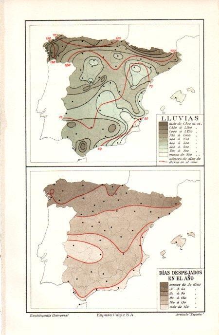 LAMINA V07105: Mapa de España de lluvias y de dias despejados