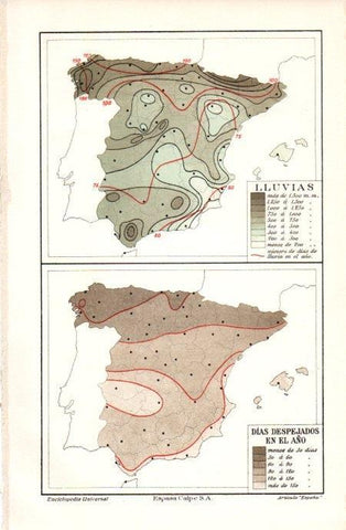 LAMINA V07105: Mapa de España de lluvias y de dias despejados