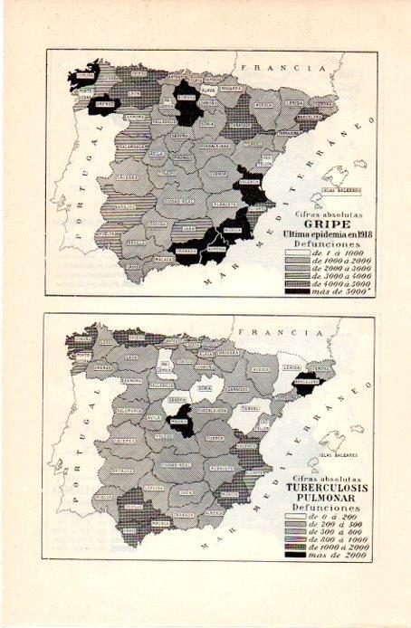 LAMINA V07226: Mapa de la gripe en 1918 y tuberculosis en España