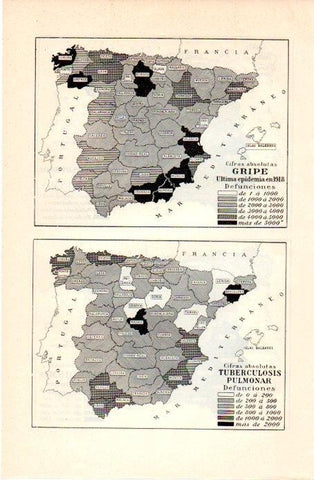 LAMINA V07226: Mapa de la gripe en 1918 y tuberculosis en España