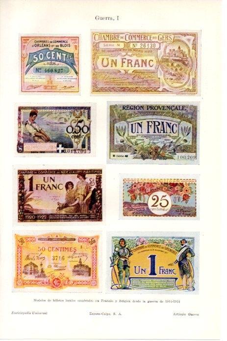 LAMINA V08440: Billetes en Francia y Belgica desde la guerra de 1914 - 1918
