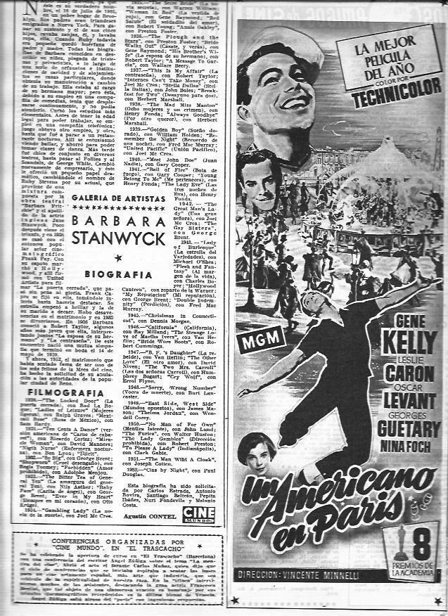 LAMINA 30340: Biografia de Barbara Stanwych y anuncio de Un americano en Paris