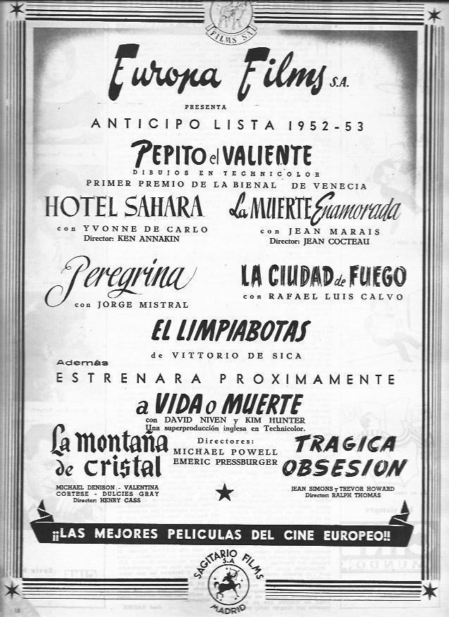 LAMINA 30278: Publicidad de peliculas de 1952 de Europa Films SA