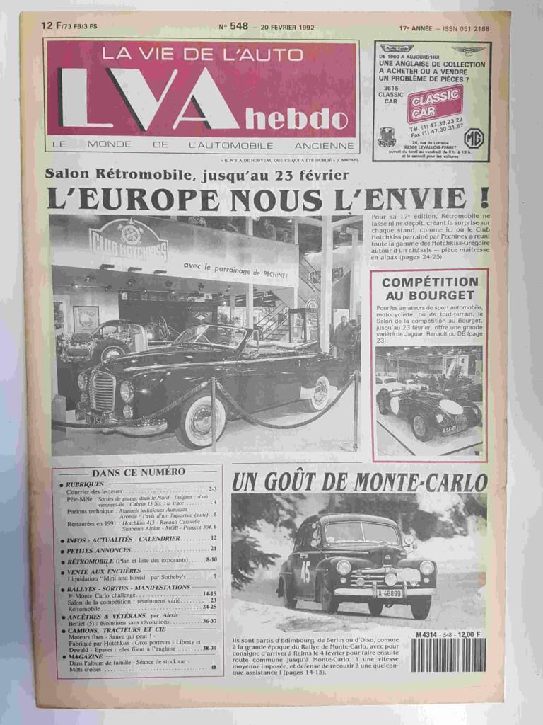 Revista, Magazine: La Vie de l'Auto LVA hebdo num 548, 20 frevier 1992 - Salon retromobile jusqu'au  fevrier