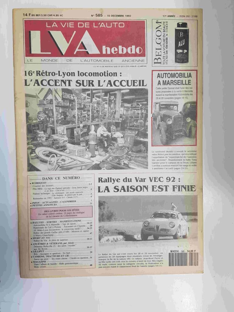Revista, Magazine: La Vie de l'Auto LVA hebdo num 585,  10 decembre 1992 - 16e Retro-Lyon locomotion - L'accent sur l'accueil