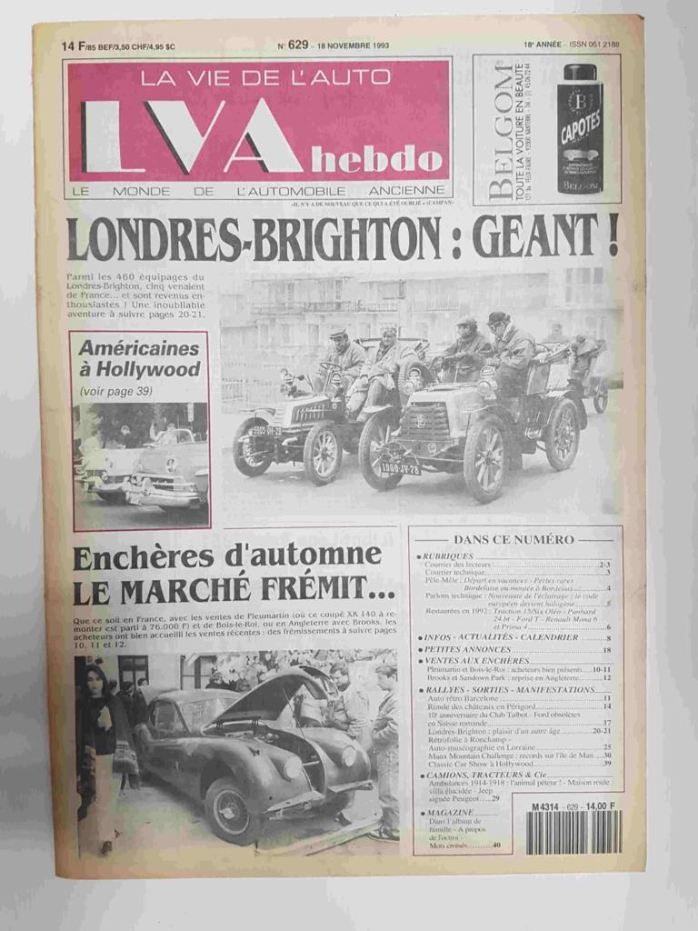 Revista, Magazine: La Vie de l'Auto LVA hebdo num 629,  18 novembre 1993 - Londres/Brghton geant