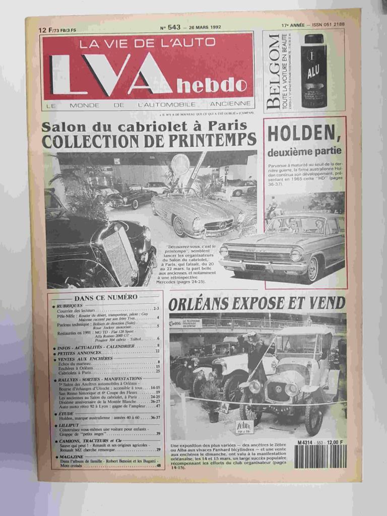 Revista, Magazine: La Vie de l'Auto LVA hebdo num 543,  26 mars 1992 - Salon du cabriolet a Paris collection de Printemps