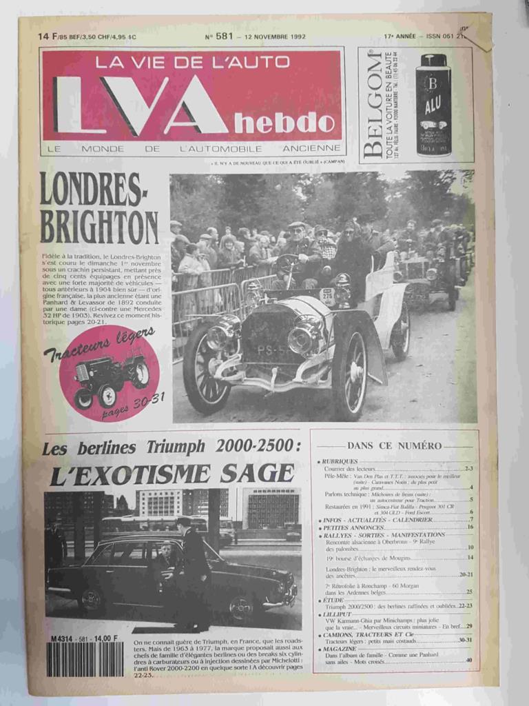 Revista, Magazine: La Vie de l'Auto LVA hebdo num 581,  12 novembre 1992 - Londres/Brighton