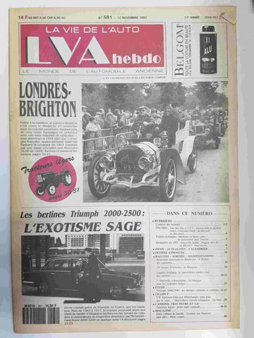 Revista, Magazine: La Vie de l'Auto LVA hebdo num 581,  12 novembre 1992 - Londres/Brighton