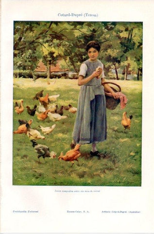 LAMINA V09143: Joven campesina entre sus aves de corral, por Teresa Cotard-Dupre
