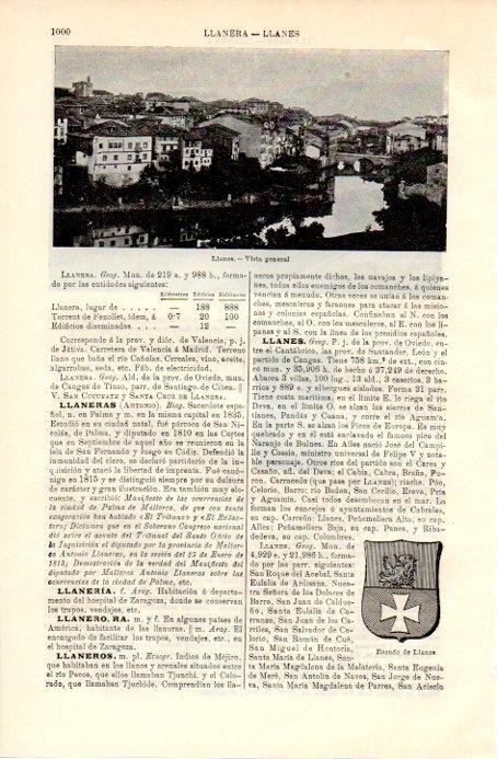 LAMINA V08965: Vista general y escudo de Llanes, Oviedo