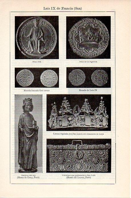 LAMINA V08866: Sellos, corona, estatua y monedas de San Luis IX de Francia