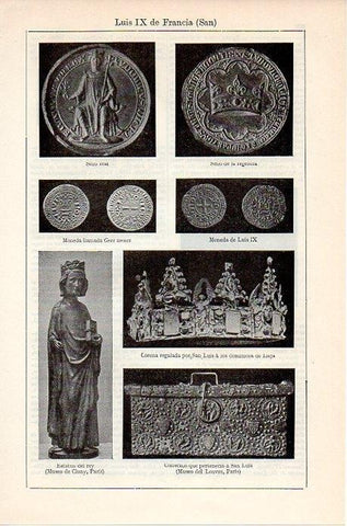 LAMINA V08866: Sellos, corona, estatua y monedas de San Luis IX de Francia