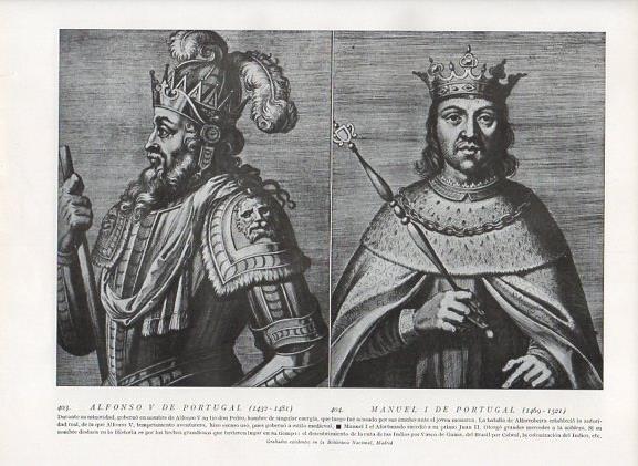 LAMINA V10044: Grabados de Alfonso V de Portugal y Manuel I de Portugal