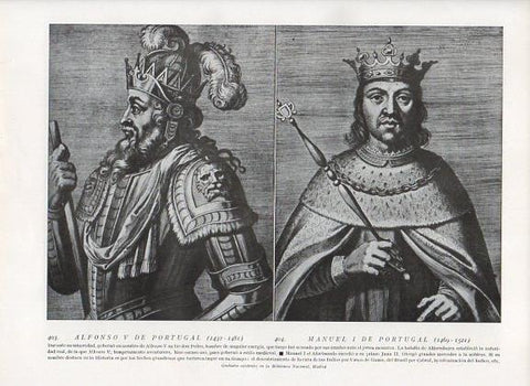 LAMINA V10044: Grabados de Alfonso V de Portugal y Manuel I de Portugal