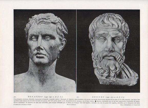 LAMINA V09896: Bustos de Menandro y Epicuro, por Escuela de Lisipo