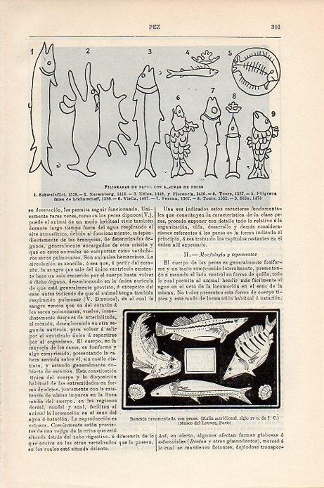 LAMINA V09324: Filigranas de papel con figuras de peces