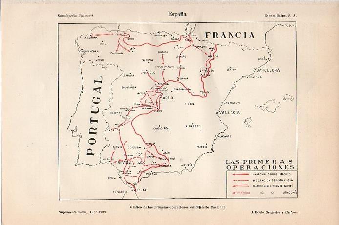 LAMINA V09603: Mapa de las primeras operaciones del Ejercito Nacional en la Guerra Civil