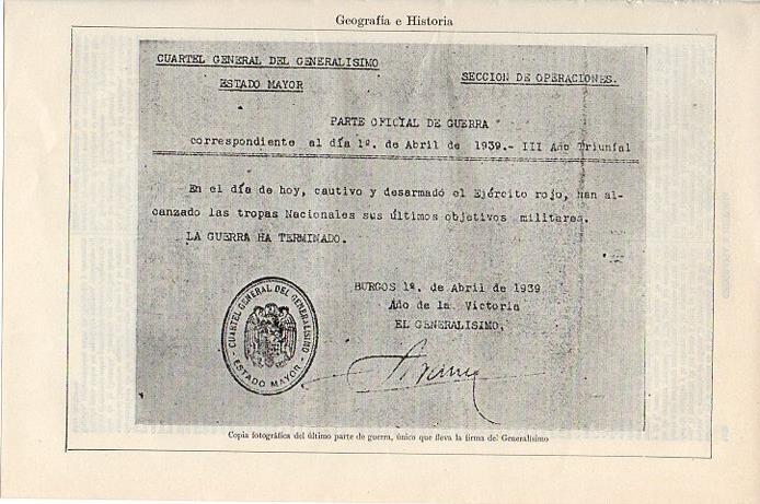 LAMINA V09556: Ultimo parte de guerrra firmado por el Generalisimo