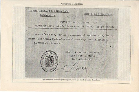 LAMINA V09556: Ultimo parte de guerrra firmado por el Generalisimo