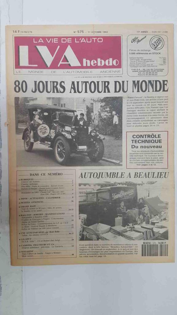 Revista, Magazine: La Vie de l'Auto LVA Hebdo num 575, 1er octobre 1992 - 80 jours autour du monde