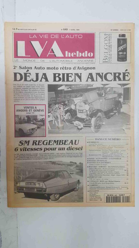 Revista, Magazine: La Vie de l'Auto LVA Hebdo num 649, 7 avril 1994 - 2e Salon Auto moto rétro d'Avignon déja bien ancré