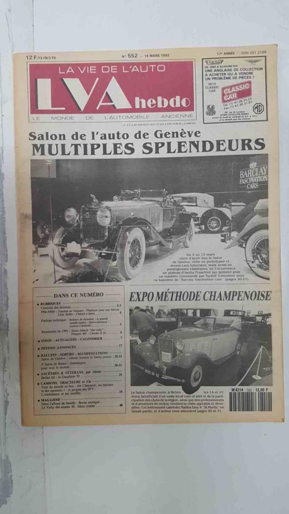Revista, Magazine: La Vie de l'Auto LVA Hebdo num 552, 19 mars 1992 - Salon de l'auto de Genève Multiples splendeurs