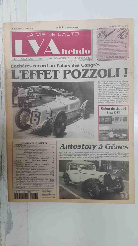 Revista, Magazine: La Vie de l'Auto LVA Hebdo num 643, 24 fevrier 1994. Enchères record au Palais des Congrès - l'effet Pozzoli