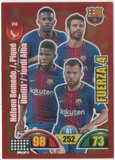 Cromo E00869: Album 2-Trading Car Game 2017-18, Mélson Semedo-Piqué-Umtiti-Jordi Alba-FUERZA 4: F.C. Barcelona. Defensa