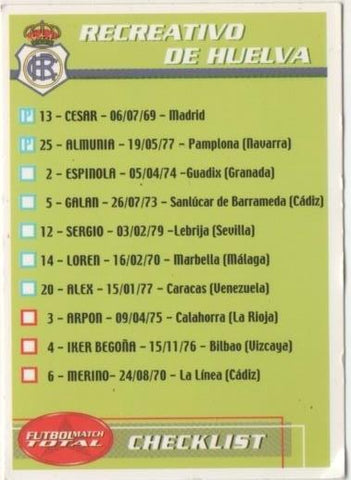 Cromo E00212: Fichas de la Liga 2003, Lista jugadores de Recrativo de Huelva