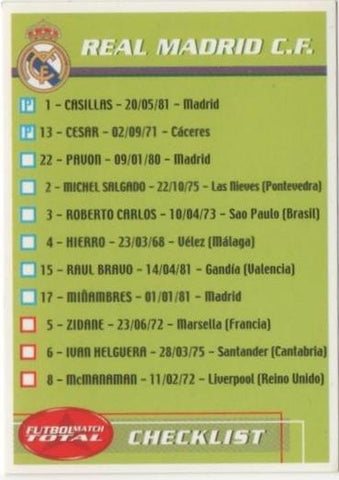 Cromo E00121: Fichas de la lIga 2003, lista jugadores del Real Madrid
