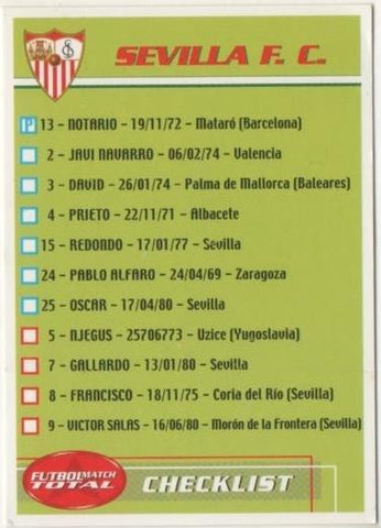 Cromo E00124: Fichas de la Liga 2003, Lista jugadores Sevilla F.C