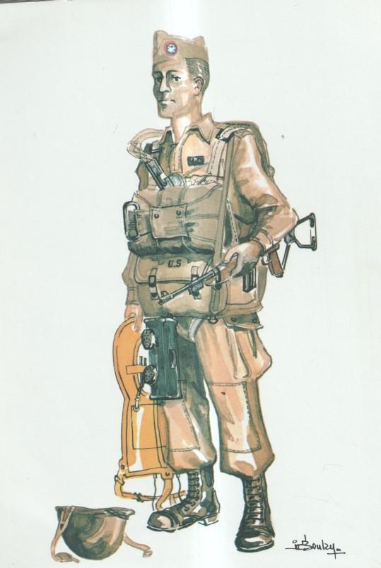 Lamina uniforme militar numerada 6 en trasera: Parachutiste U.S. en tenue de saut operationnel