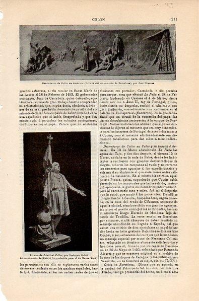 LAMINA V10596: Desembarco de Colon en America relieve por J. Llimona