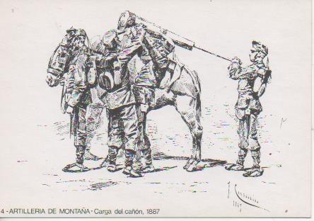 Postal E06821: 4- Artilleria de Montaña-Carga de cañon, 1887. 25 Aniv. Miniaturistas Militares de España