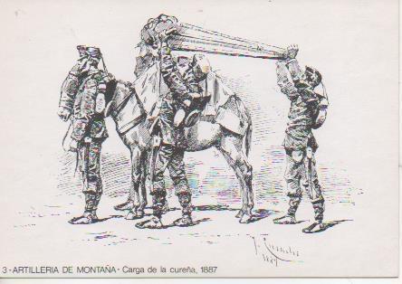 Postal E06820: 3- Artilleria  de Montaña-Carga de la cureña, 1887. 25 Aniv. Agrupación de Miniaturistas Militares de España
