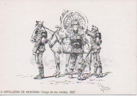 Postal E06819: 2- Artilleria de Montaña- Carga de Ruedas 1887. 25 Anv. Agrupación de Miniaturistas Militares de España