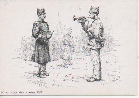 Postal E06818: 1- Instrucción de Cornetas, 1887. 25  Aniv Agrupación de Miniaturistas Militares de España