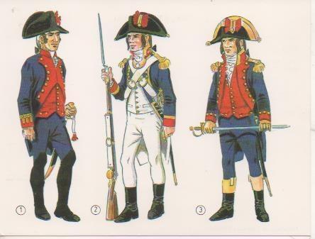 Postal E06742: Primer condestable de Brigada 1797, Oficial de la Plaza de manila 1797, Oficial del Estado Mayor de Artilleria de Marina 1793
