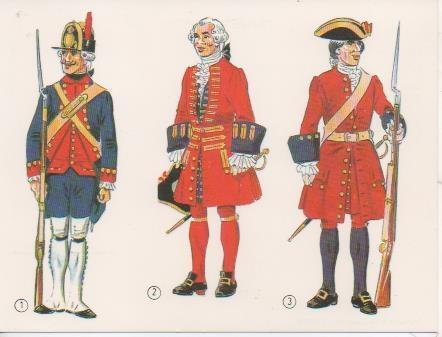Postal E06740: Soldado de la Brigada de Artilleria 1775, Guardia del Estandarte 1728, Soldado del Batallóna de Galera 1728
