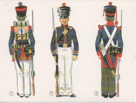 Postal E06739: Soldado de la brigada de Marina 1827, Soldado de artilleria 1847, Artillero, Uniforme de Parada 1823