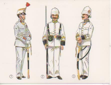 Postal E06738:  Uniforme de verano de oficial 1913, Uniforme de gala de cabo2º 1897, Uniforme de gala de oficial 1897