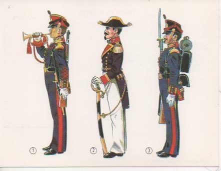 Postal E06737:  Corneta uniforme de gala 1857, Oficial Estado Mayor de Artilleria 1862, Solado de Batallones 1857