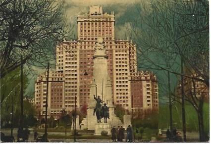 POSTAL L03801: Monumento a Cervantes y Edificio España en Madrid