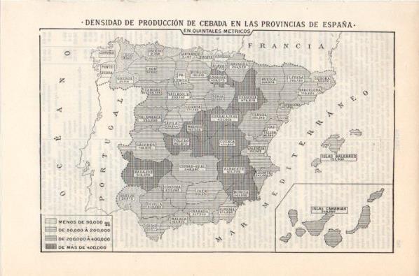 LAMINA V11845: Mapa de España de produccion de cebada